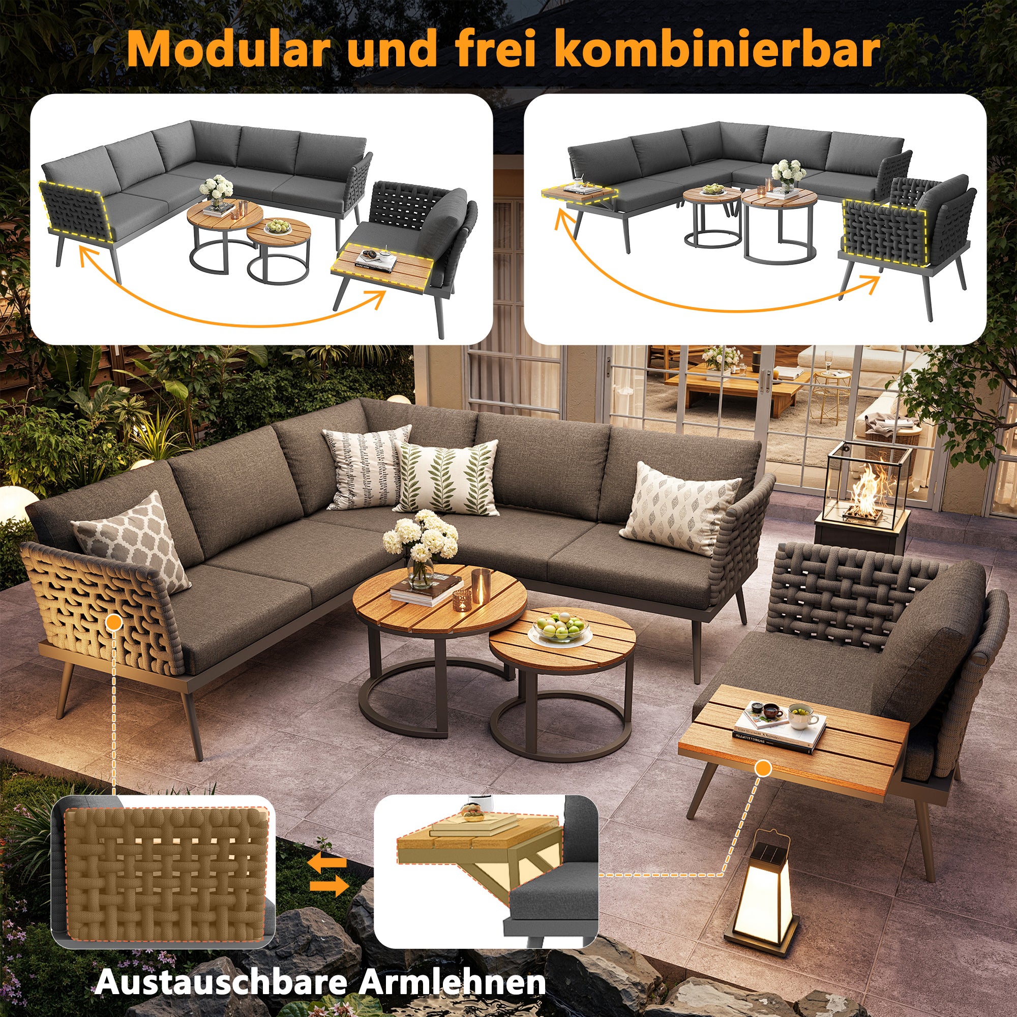 Salon de Jardin Exterieur pour 6 places,avec 2 tables basses en bois,Canapé d'angle extérieur en forme de L,avec coussin,Main courante tressée, Gris - 3