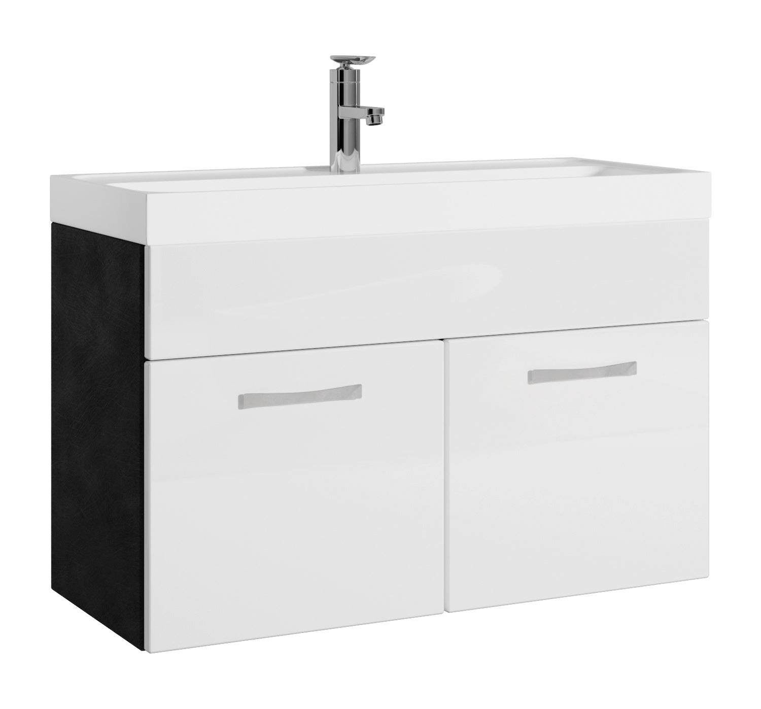 Meuble Salle De Bain Paso 02 - Lavabo 80x40 Cm Noir Brillant, Armoire Miroir LED, Rangement Mural Complet