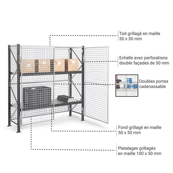 Rayonnage grillagé et verouillable - 2 nivx - Élément suivant - 2000x1800x800mm - Utilisable uniquement avec un module de départ - RAYGRIL/2N/2060/S - 4