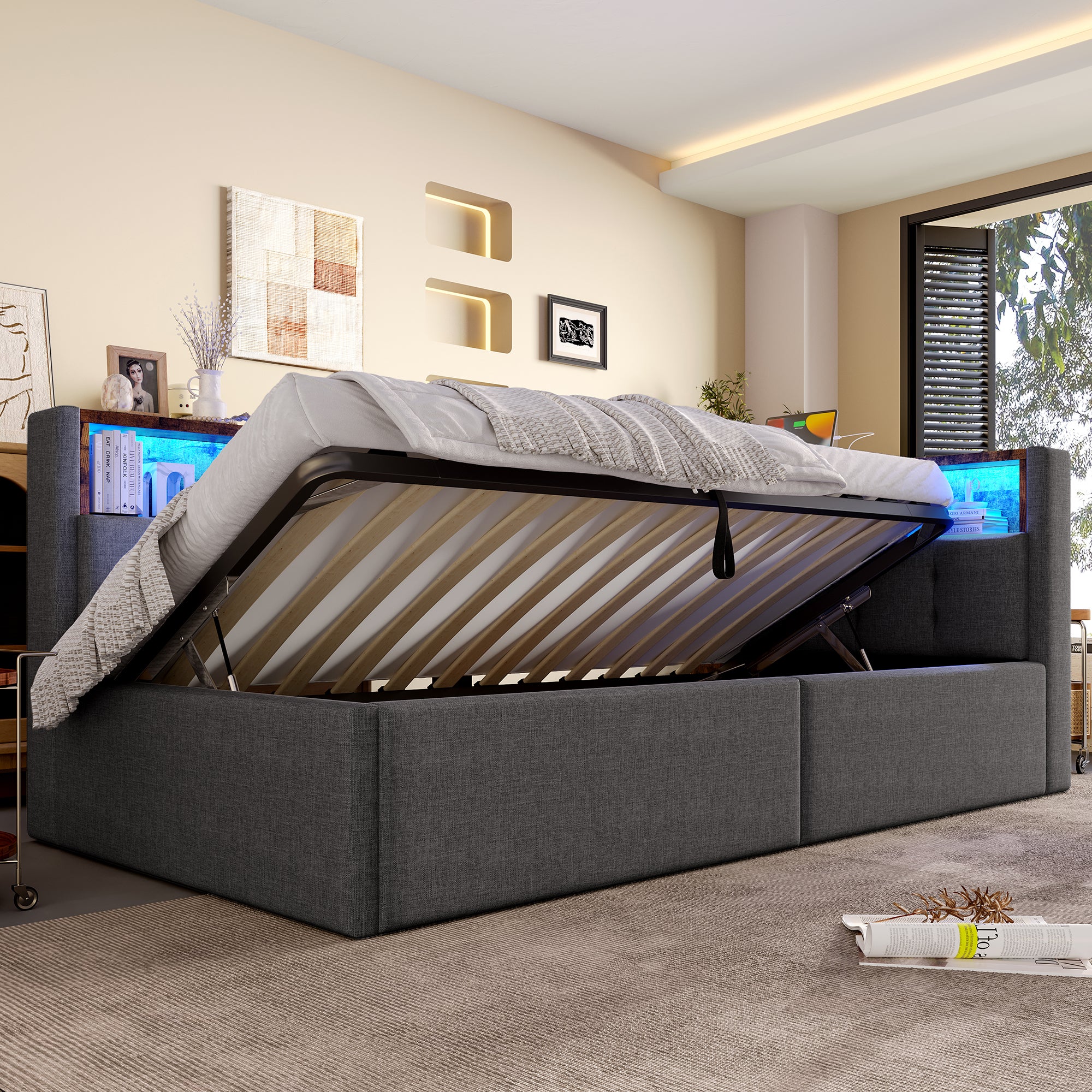 Sofa rozkładana z pojemnikiem 90 x 200 cm - z portami USB + Type-C - wiele przegródek - z listwą świetlną LED - szara (materac nie jest w zestawie)