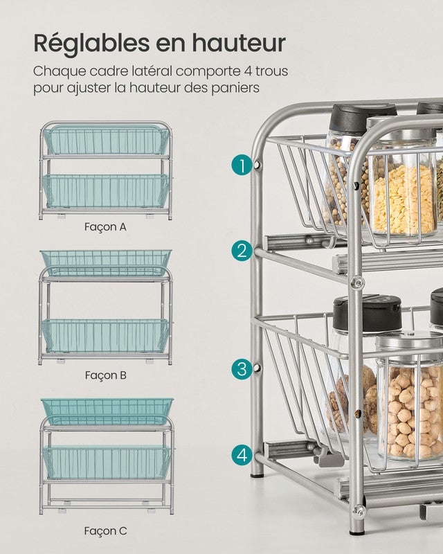 Organiseur de Cuisine, Étagère sous Évier, 2 Paniers Coulissants, Empilable,pour Rangement dans Placard, pour Cuisine, Salle de Bain,Gris Tourterelle - 4