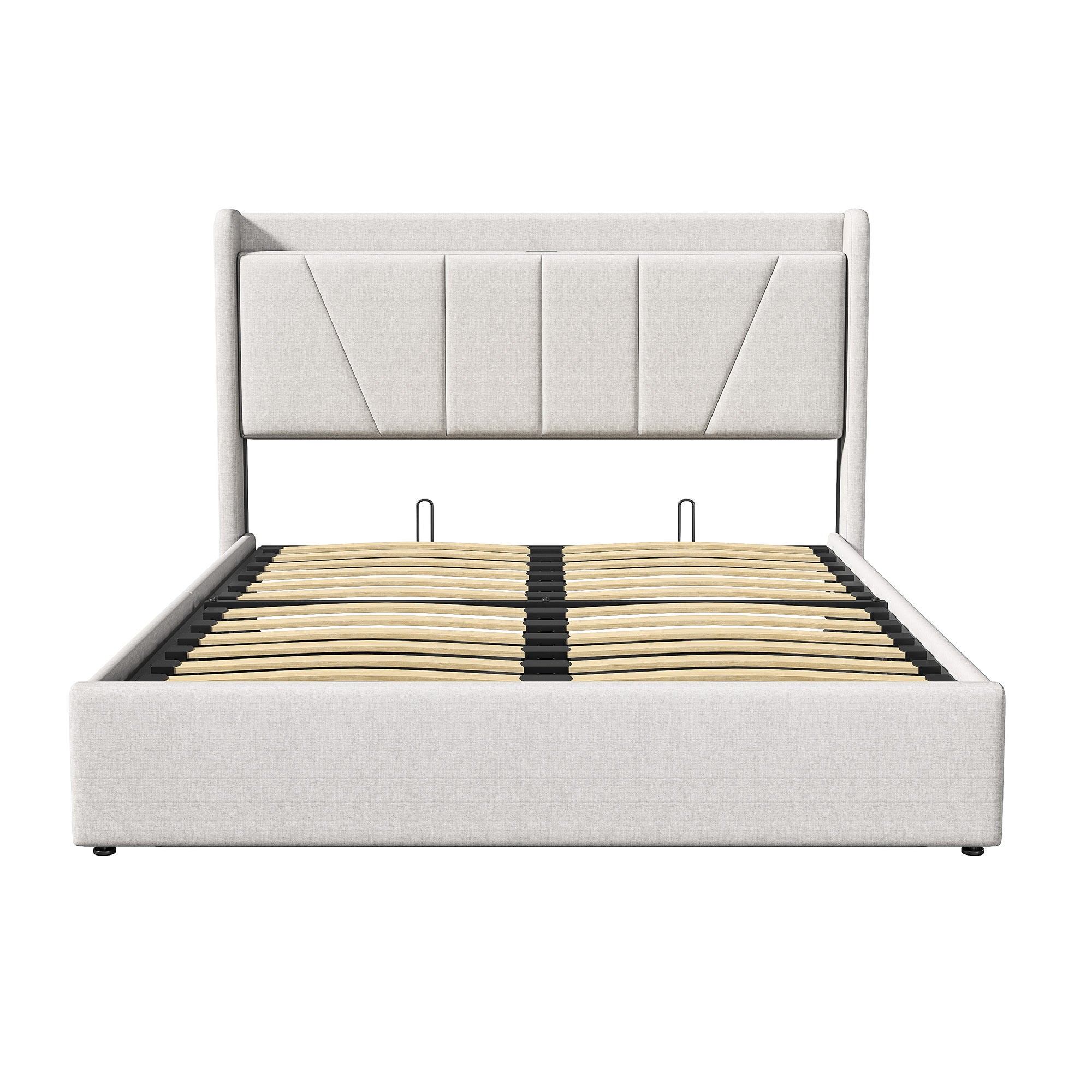 Lit coffre 160x200 cm avec port USB et Type C, cadre de lit double avec sommier à lattes, tissu en lin, lit adulte, 160x200 cm, beige - 4