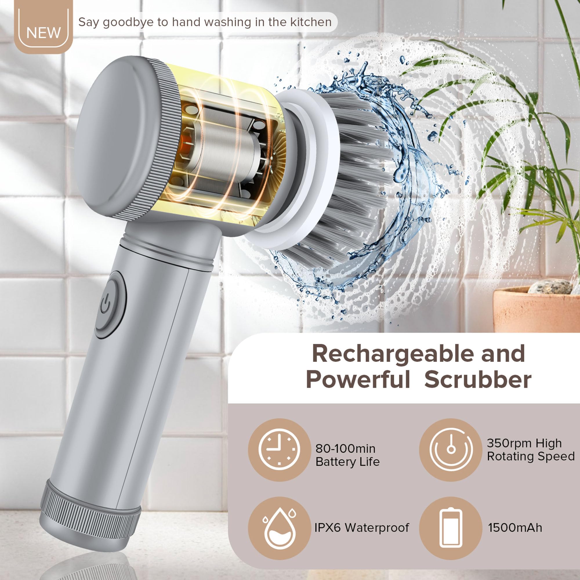 Spazzola Elettrica A Rotazione Senza Fili Con 9 Testine E Manico Regolabile, 3 Velocità (450/350/280 RPM), Impermeabile IPX7, Display Digitale E Ricarica Type-C, Per Pulizie Domestiche Senza Fatica