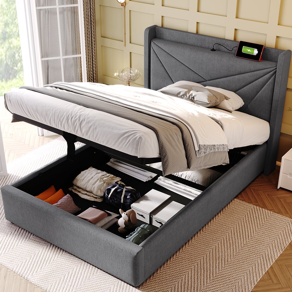 Lit coffre Lit double rembourré Lit de rangement Tête de lit avec fonction de chargement USB Cadre de lit en lin Lit 90x200 cm Gris - 6