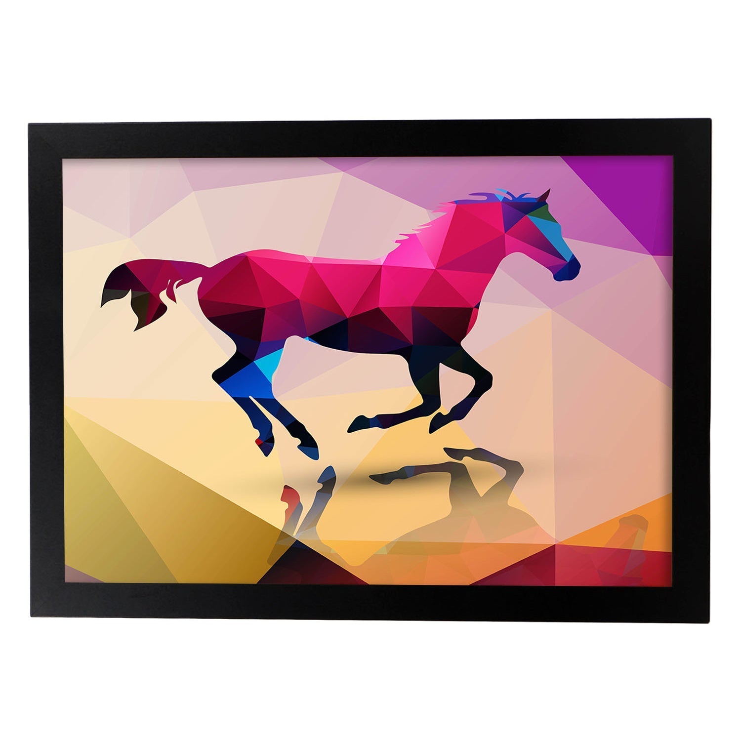 Poster de animales geometricos con fondos a color. lamina caballo, ilustrada con formas geometricas, y con un colorido fondo. marco blanco - a3