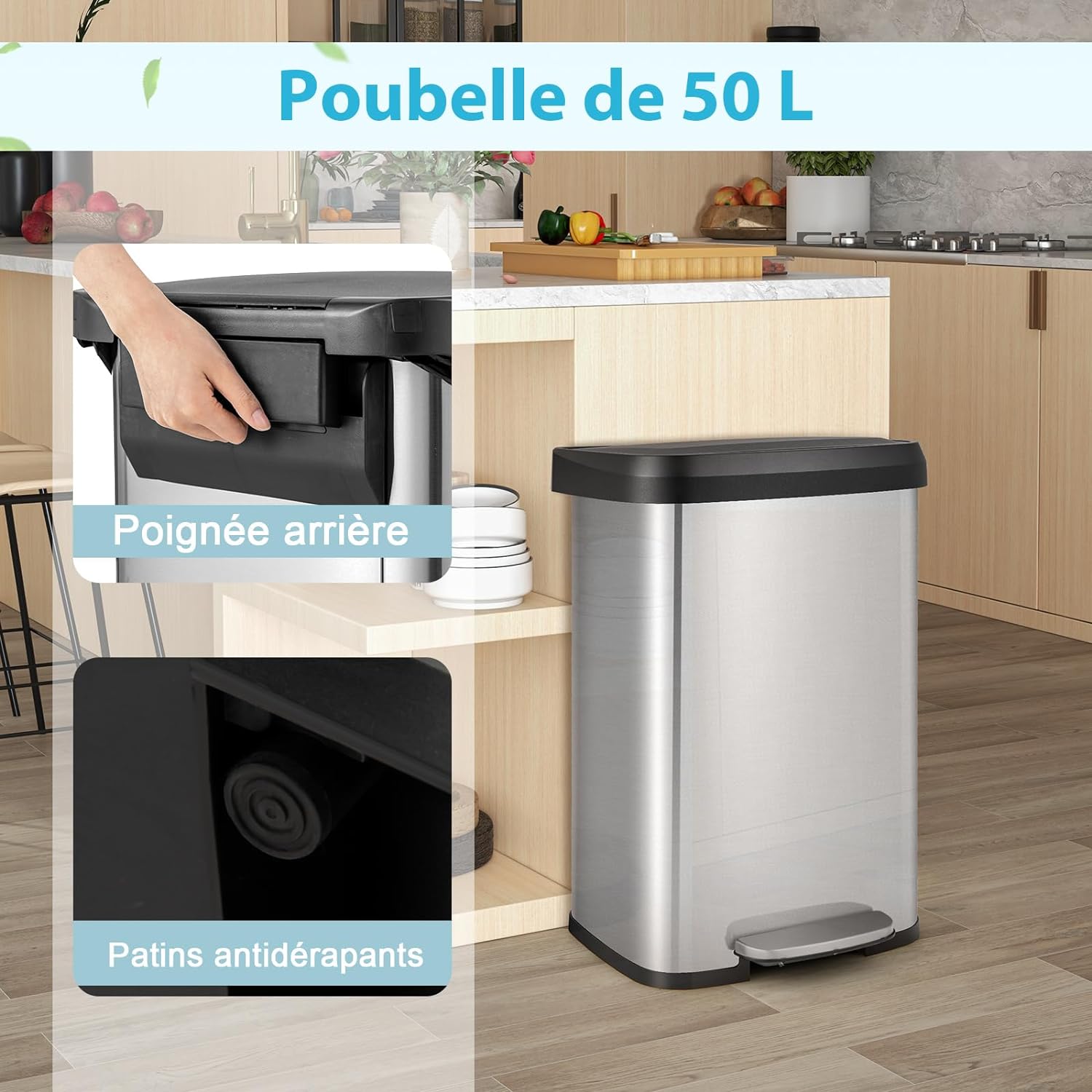 Bidone per Pattumiera da 50 L, Pattumiera da Cucina con Pedale, Coperchio e Scomparto Deodorante, Ideale per Casa Ufficio (50L, Argento) - 5