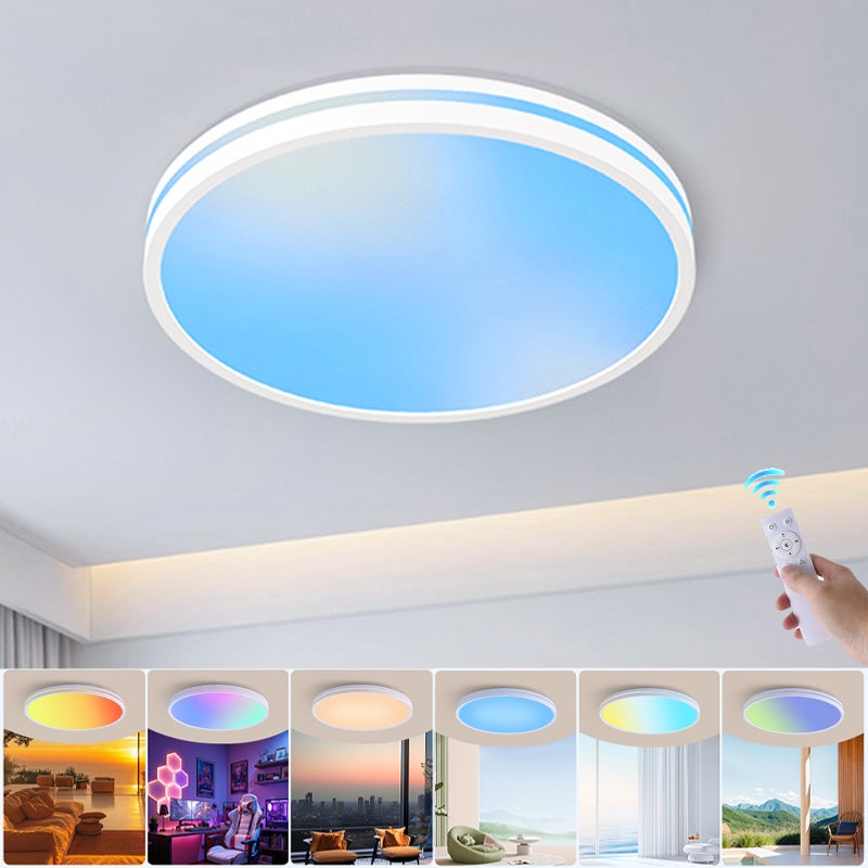 Ściemniany plafon LED z pilotem, świetlik LED o pełnym spektrum, tęczowy plafon RGB, zmienny kolor, φ37 cm
