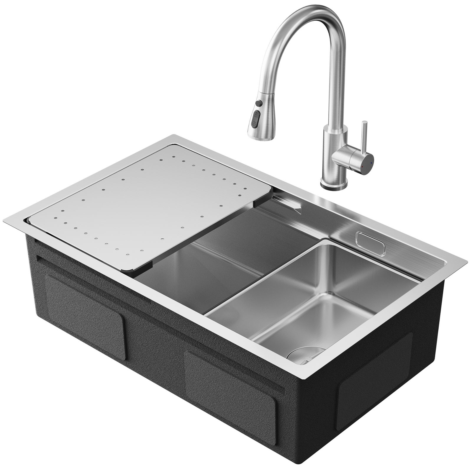 Fregadero de un seno cepillado de 70×44 cm con escurridor y lavabo + grifo mezclador extraíble de cocina con 2 modos de chorro