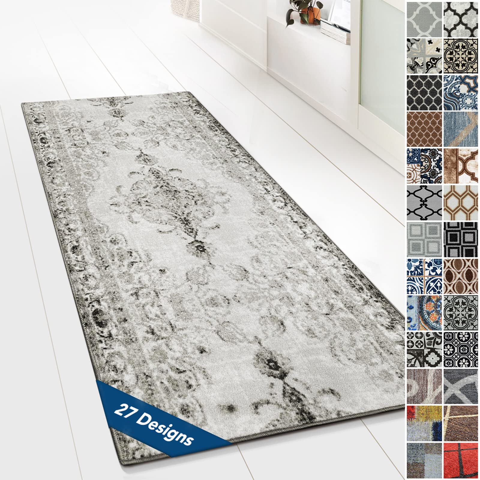 Tapis Couloir Antidérapant 50x250 Cm - Polyester Lavable, Bleu Vintage - Pour Cuisine, Chambre, Entrée