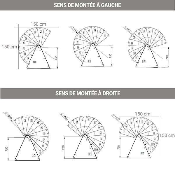 Escalier colimaçon 12 marches - Hauteur à franchir 2.28 à 2.82m - Diamètre 140cm - Structure noire et marche hêtre - BERL140-NH-12 - 6