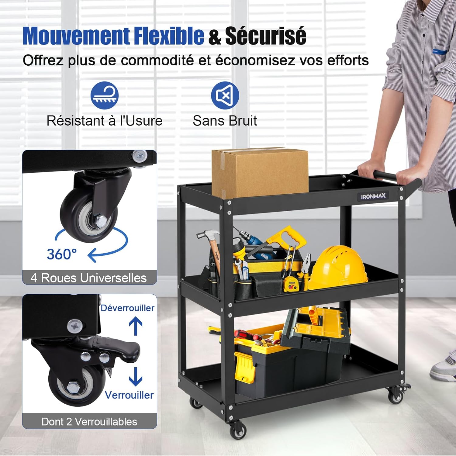 Carrello Portautensili a 3 Livelli, Carrello Metallico Resistente con 3 Ripiani, 4 Ruote Universali con 2 Freni, per Garage, Casa, Magazzino, - 4