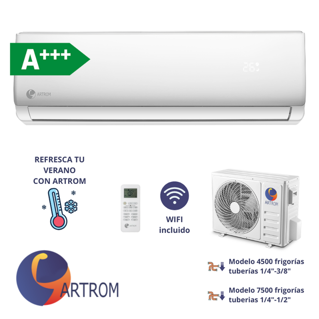 Aire Acondicionado 1x1 ARTROM AMCRD-18, 4500 Frigorías, A+++, Wifi, Bomba Calor Inverter, Muy silencioso | 4500 fg, 18000 BTU. Tuberías 1/4