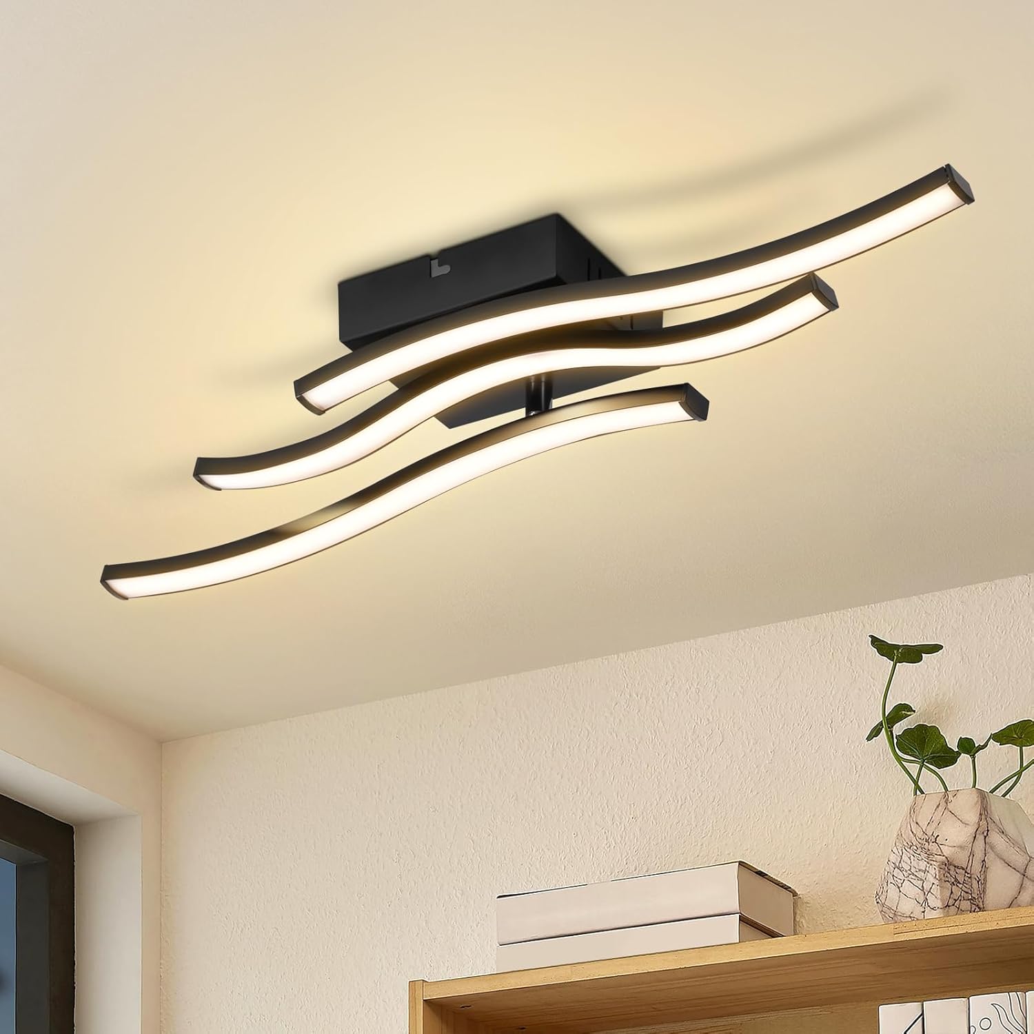 ZMH Lampa sufitowa LED 18W nowoczesna czarna o falistym kształcie do kuchni, salonu i przedpokoju