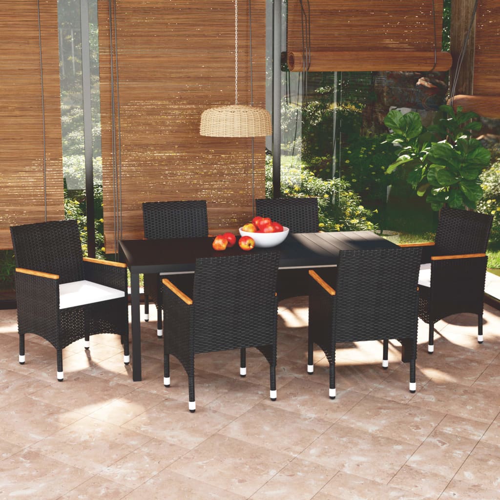 Conjunto de comedor de jardín de 7 piezas con cojines de ratán sintético negro vidaXL