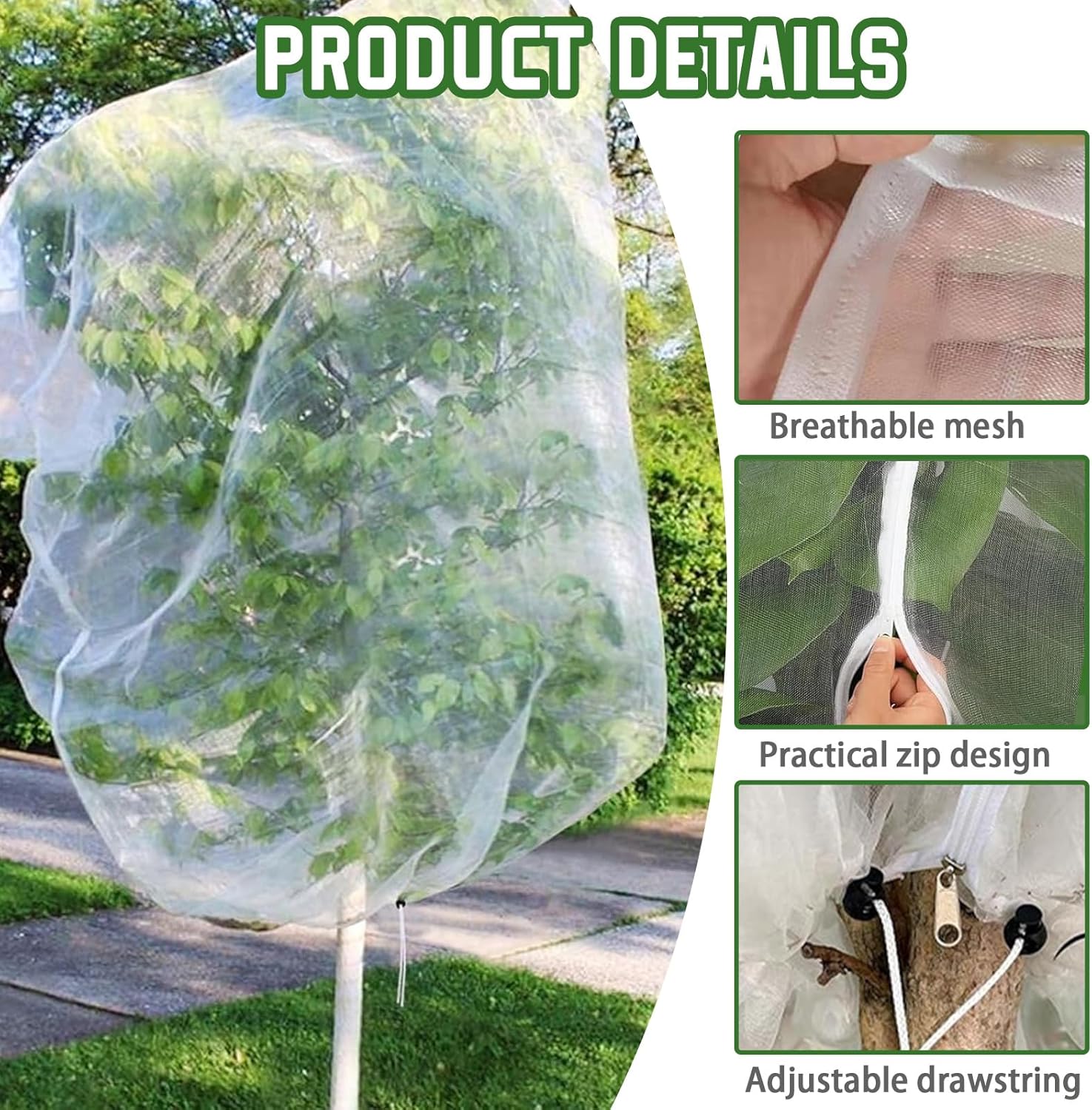 Filets Protection Plantes Anti-Oiseaux et Insectes, avec Fermeture Éclair + Cordon Serrage - pour Arbres Fruitiers, Légumes, Réutilisable (180x180 cm) - 3