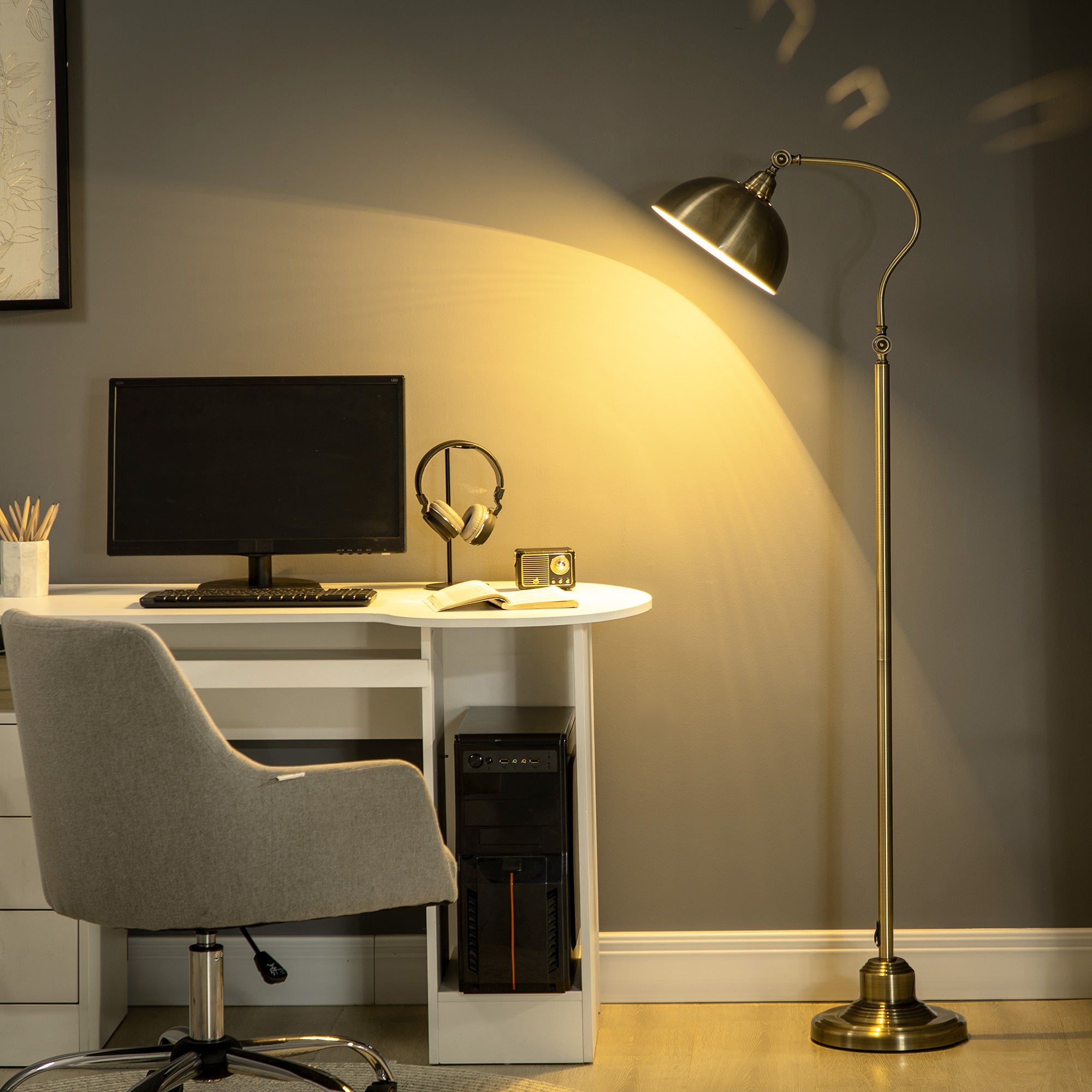 Lampada Da Terra Siamado In Metallo Effetto Nichel Antico/Legno - 5 Bracci Regolabili, Altezza Max 210cm, Attacchi E14
