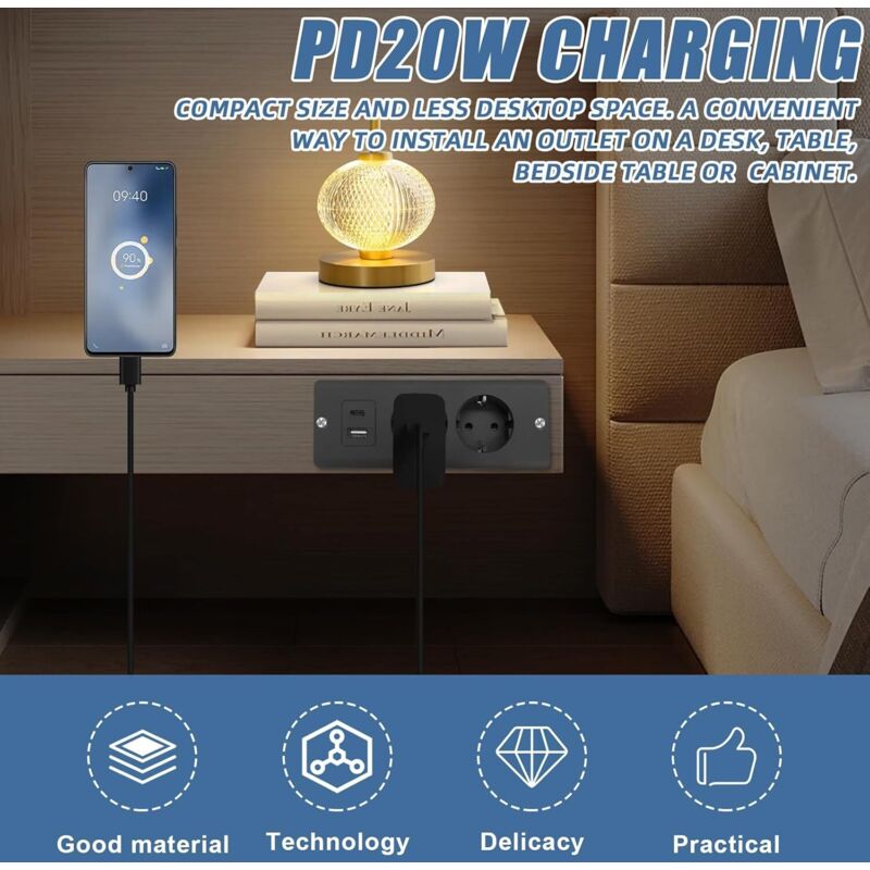 Prise de table encastrée, multiprise encastrée avec 1 port USB et 1 port Type-C PD20W prise de table encastrée pour meubles ou plans de travail - Noir - 2