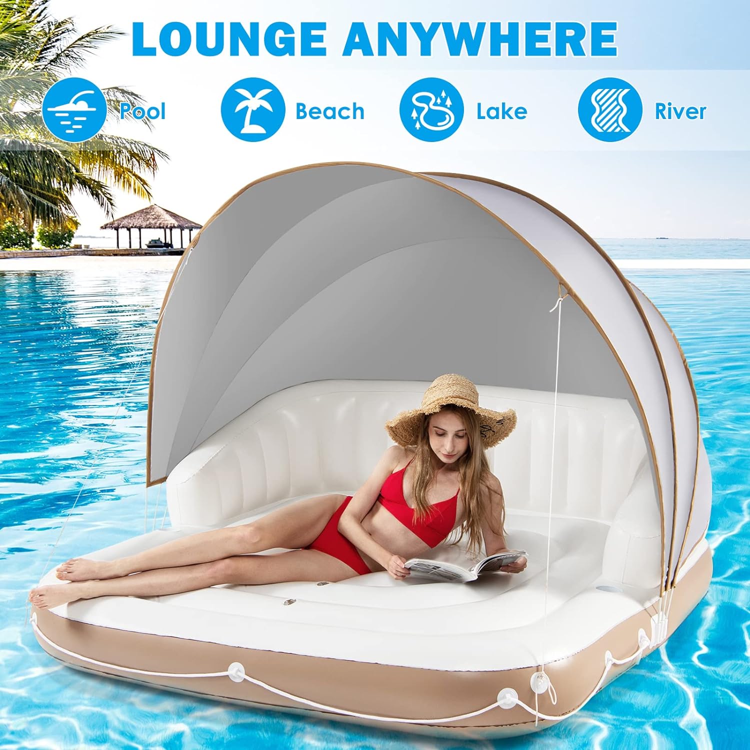 SOLAVERO Colchoneta Hinchable Para Piscina Con Reposacabezas Desmontable Y Dos Portavasos, Tamaño 220x160 Cm, Soporta 220 Kg, Ideal Para Relax En Piscina, Playa O Lago