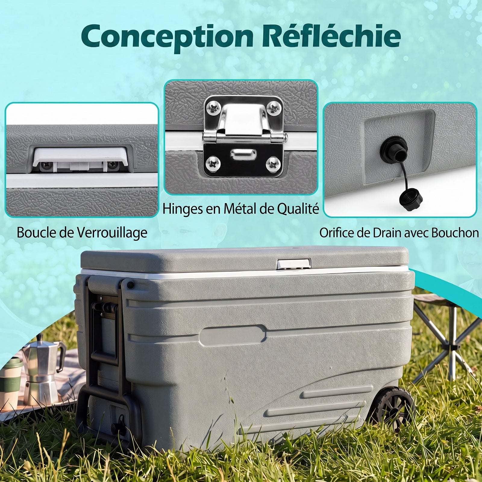 Glacière Rigide 98L, Glacière à Roulettes Maintien au Froid 5-7 Jours, Orifice de Vidange, Poignée Pliable, Coffre à Glace Portable, Camping, Barbecue - 5