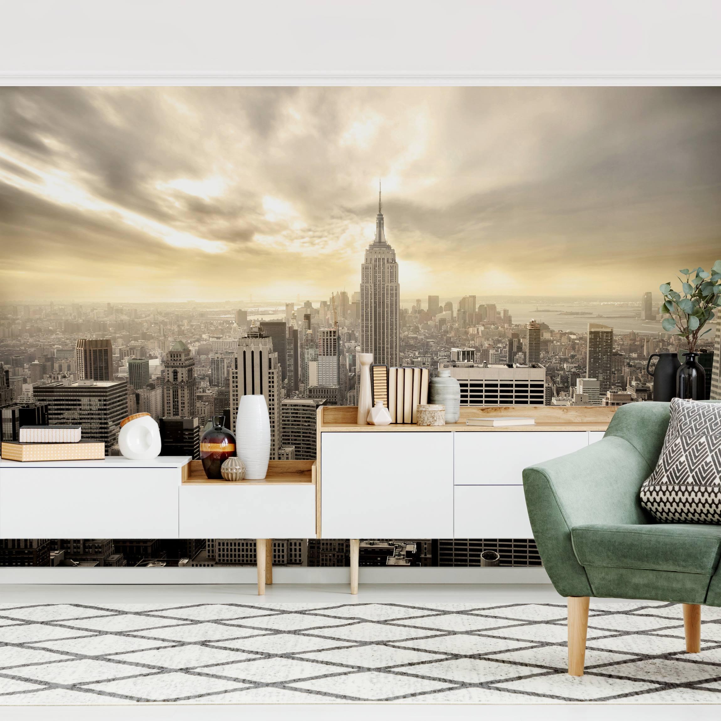 Papel pintado fotomural manhattan al amanecer vintage blanco y negro ciudades 70 - salón dormitorio cocina - tnt 432 x 290 cm adhesivo