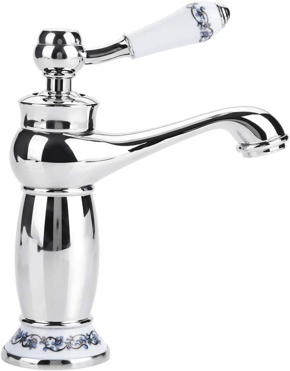(Chrom) Bateria umywalkowa jednouchwytowa, mosiężna, ceramiczna, czarno-biała, porcelanowa, długa szyjka, wzór vintage, kwiatowy, z wlotem, zimna woda