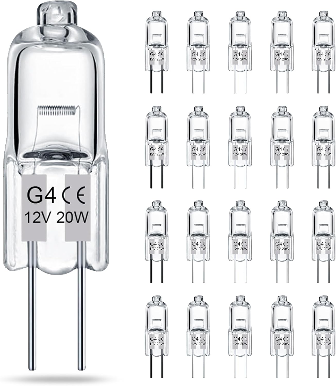 Żarówki G4, opakowanie 20 sztuk, przezroczyste żarówki halogenowe, 2 bolce, 12 V 20 W, trzonek G4, 280 lm, ściemnialne.