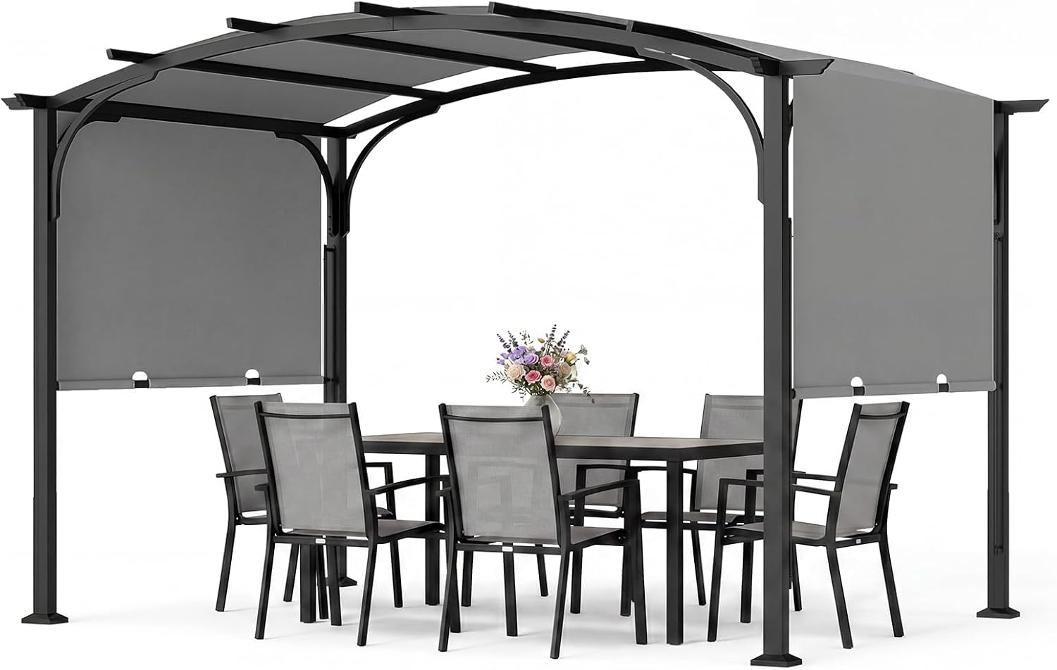 Pergolă retractabilă 305x242cm, pergolă de grădină pentru exterior cu acoperiș curbat, cadru metalic, pânză din poliester de protecție solară(gri)