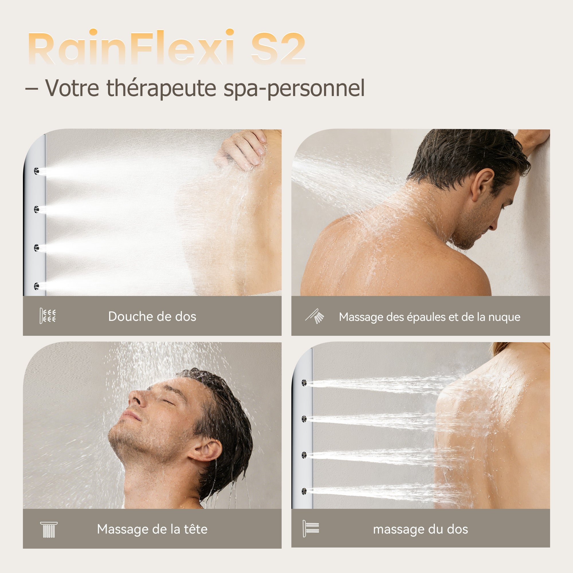 HOROW Ensemble de douche à effet pluie chromé, avec Robinetterie Thermostatique, 4 modes de massage, pliable, réglable en hauteur - 5