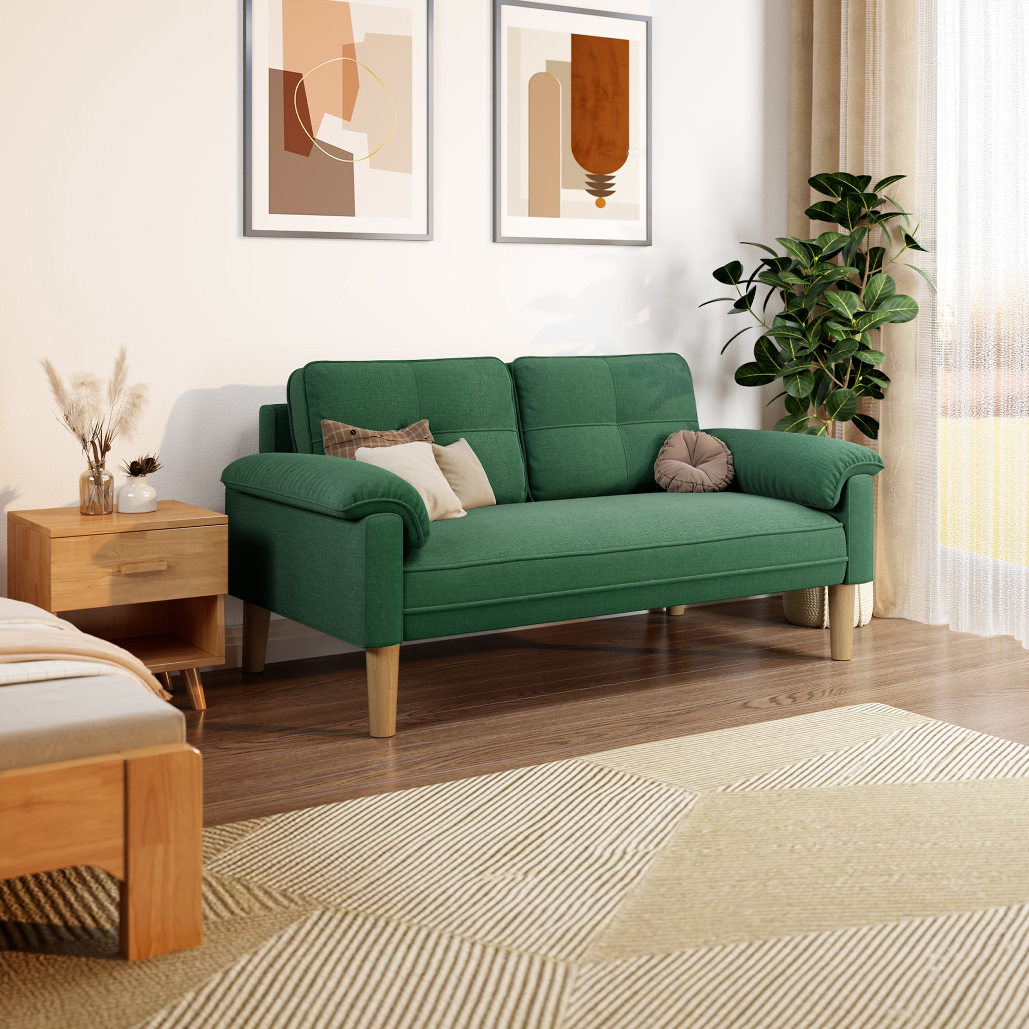 Canapé 2 places vert en tissu,design scandinave,assise confortable,pieds en bois,pour salon et petit espace,145 x 77 x 77 cm - 9