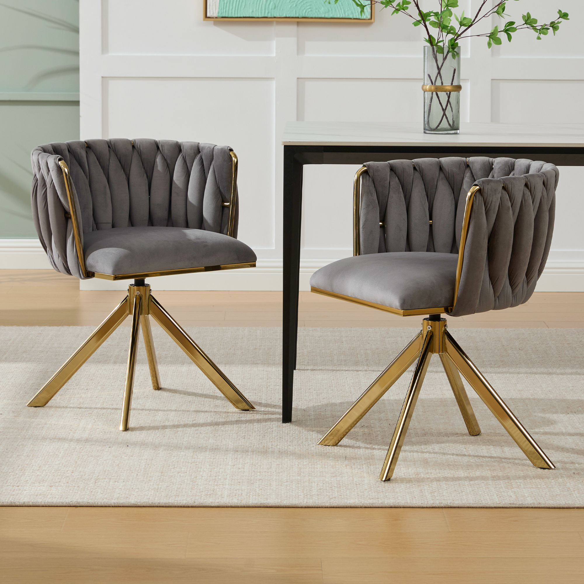 Zestaw 2 obrotowych krzeseł do jadalni z aksamitu, 180°, z podłokietnikami - 56 x 50 x 70 cm - Złote metalowe nogi - Szary