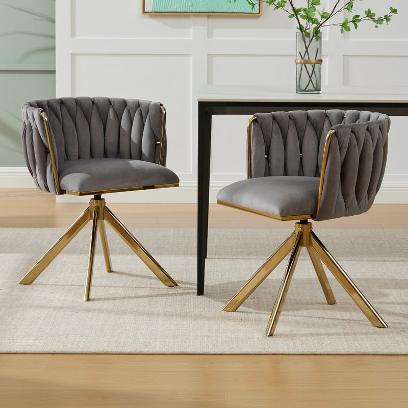 Zestaw 2 obrotowych krzeseł do jadalni z aksamitu, 180°, z podłokietnikami - 56 x 50 x 70 cm - Złote metalowe nogi - Szary