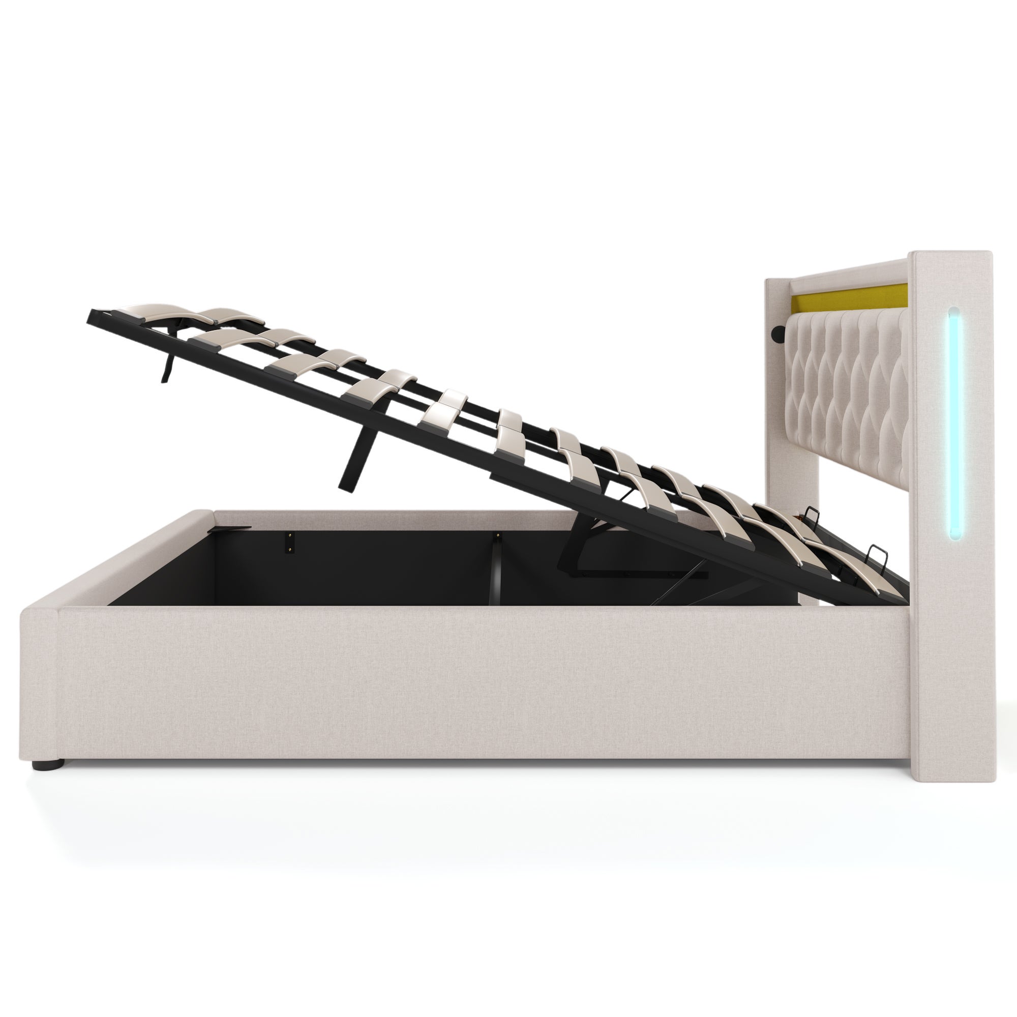 Cama tapizada para adultos 140x200 cm con LED y USB-C, lino beige (sin colchón) - 8