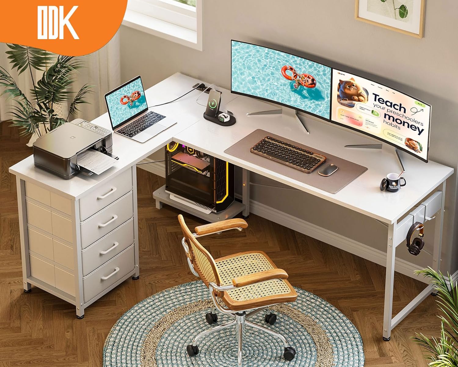 ODK Bureau Avec 3 Tiroirs Tissu 120cm - Bureau Ordinateur Réversible Marron Avec Chargeurs