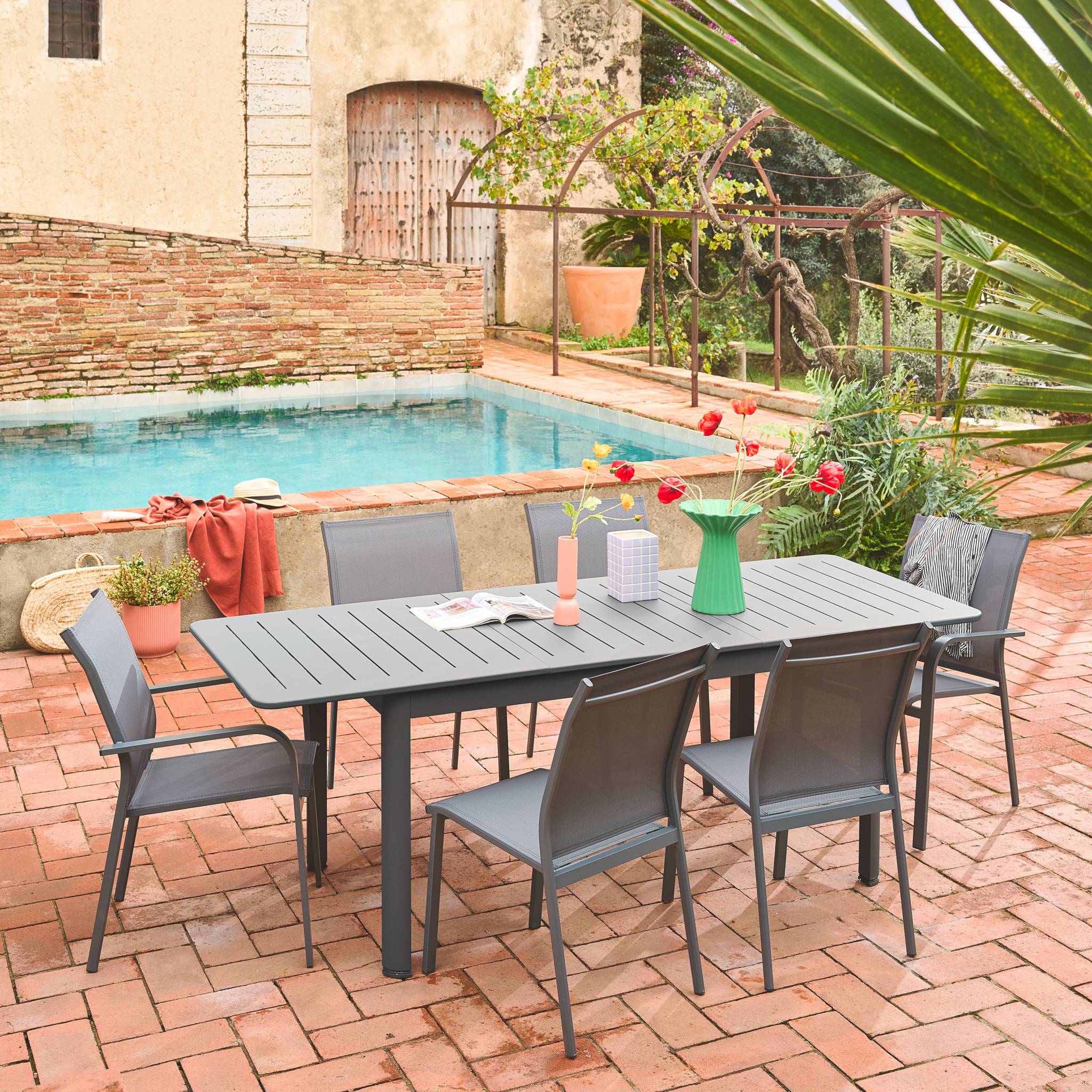 Mesa de jardín extensible de aluminio con 6 sillas Antracita - 218.5x89x75 cm - 2