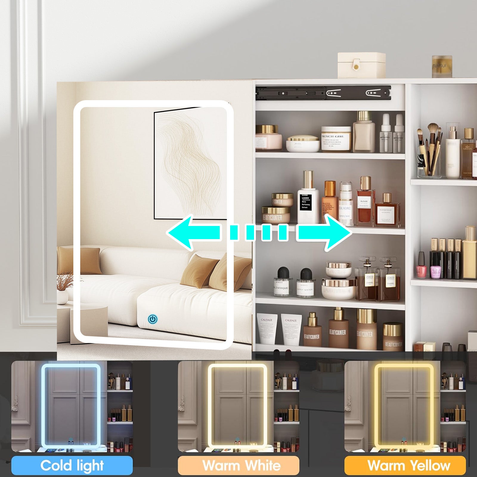Coiffeuse avec miroir LED en MDF Blanc H. 140 x l. 100 x P. 40 cm - 3