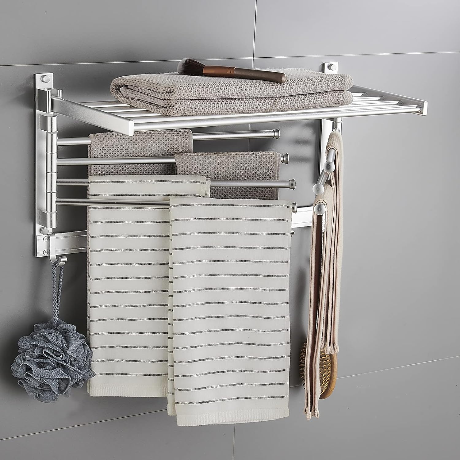 Aluminiowy obrotowy wieszak na ręczniki, montowany na ścianie, 7 ramion obrotowych, 60 cm, srebrny