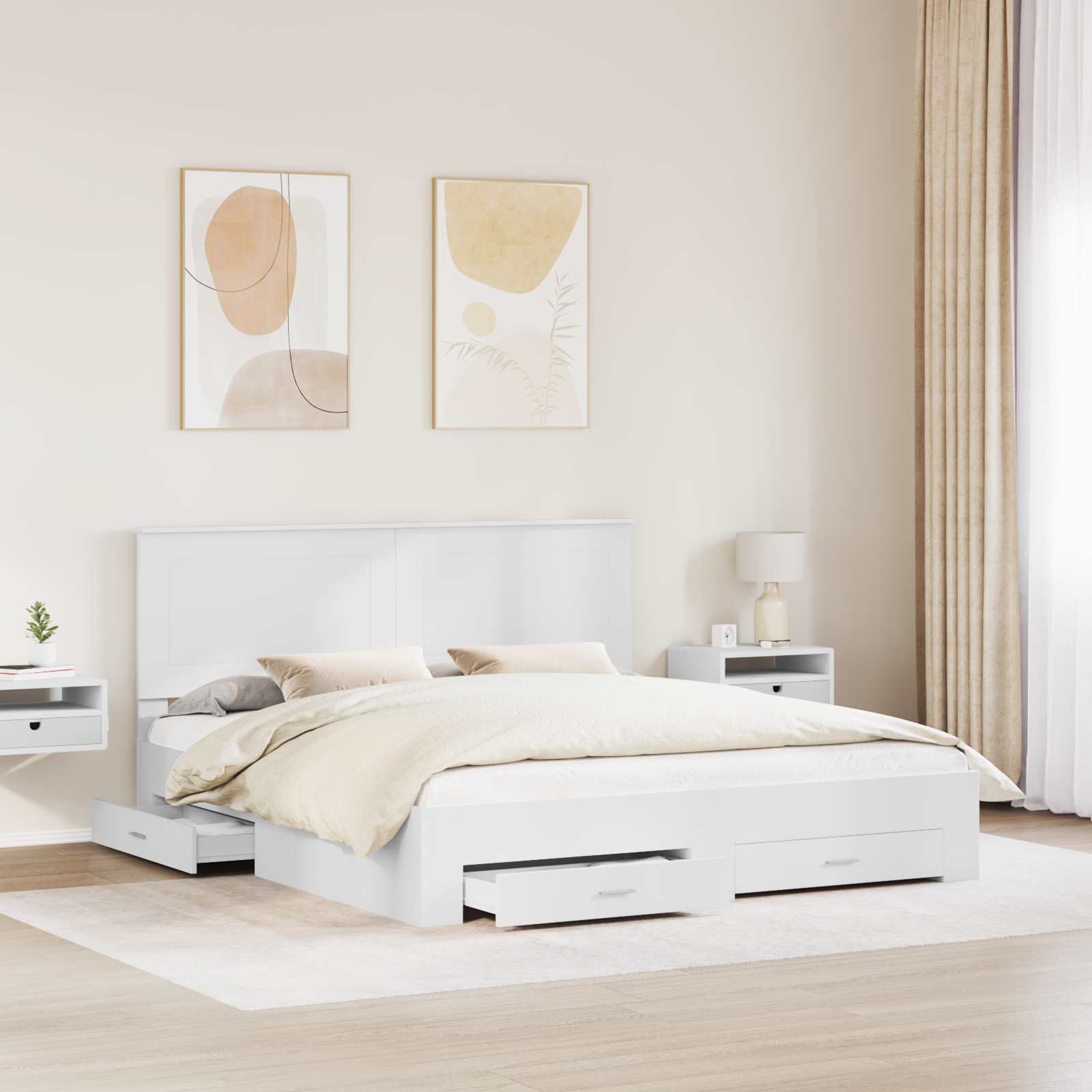 Cadre de lit avec tiroir, blanc, en panneau de bois, pour la chambre, 180 × 200 cm - 3