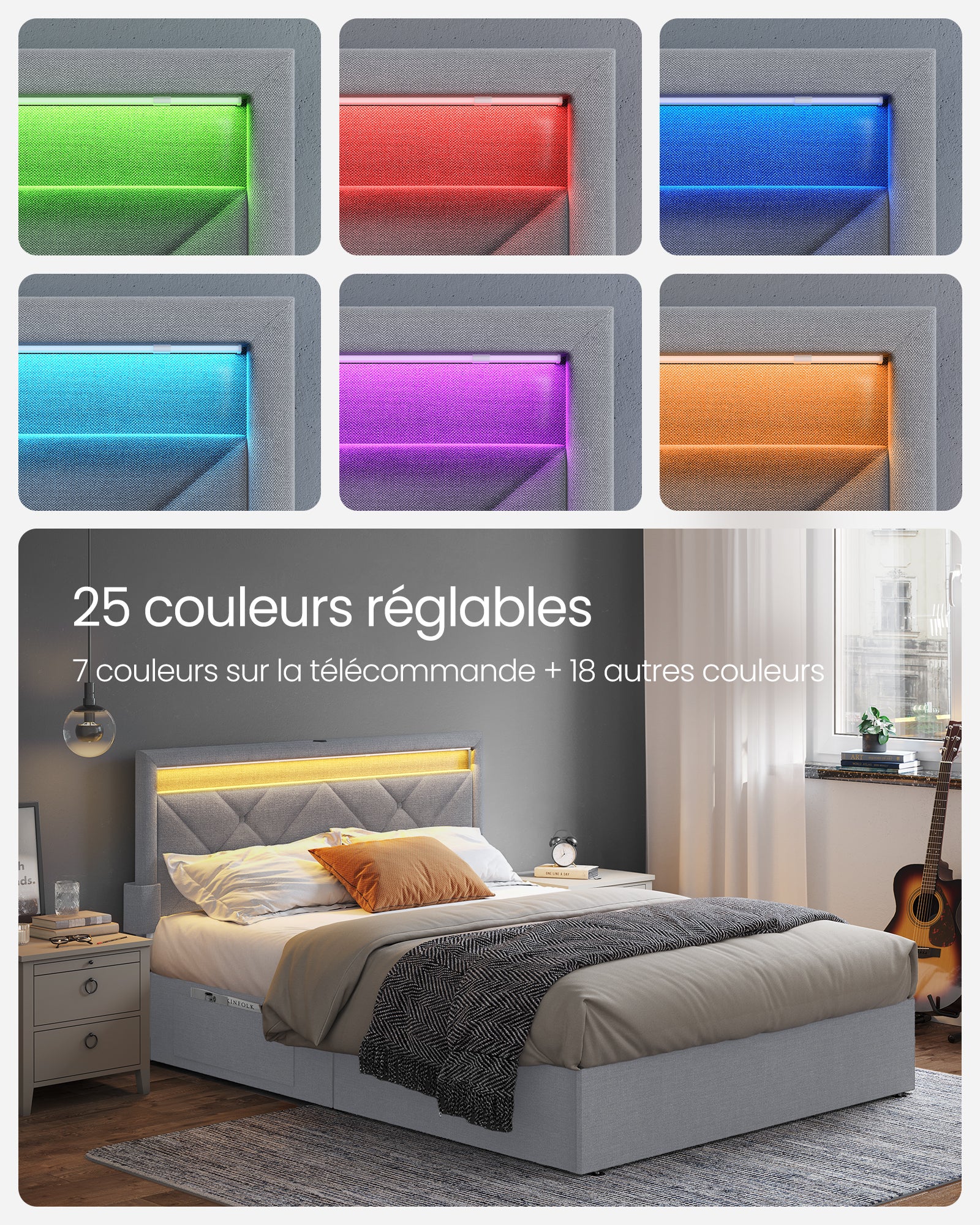 VASAGLE Lit Double, Cadre de Lit, Lit Coffre 140 x 190 cm, avec LED, Lit en Métal, 4 Tiroirs, Multiprise, Gris Clair et Noir Mat - 3