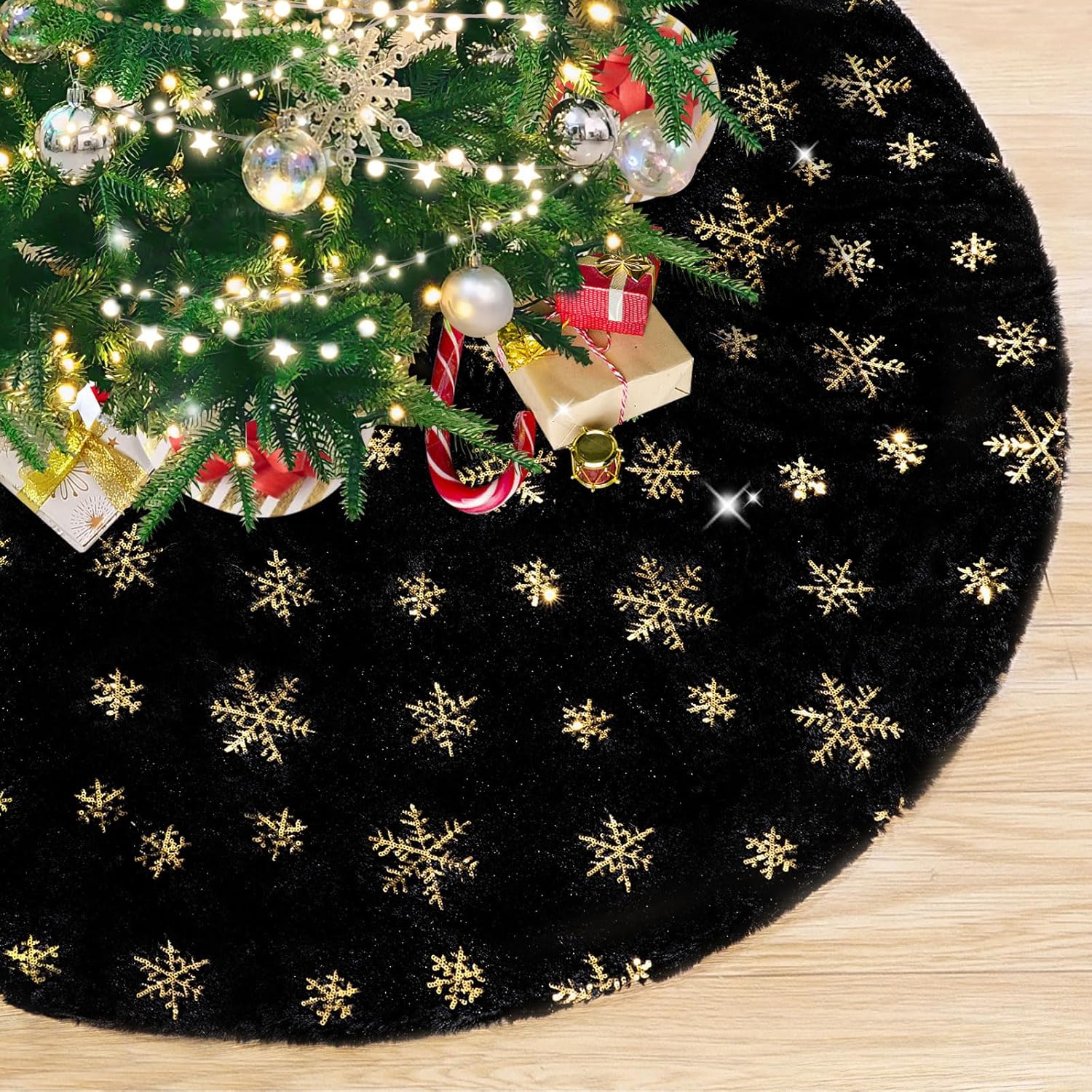 Saia para árvore de Natal, capa para árvore de Natal, tapete para árvore de Natal, adequado para decoração, preto, 90 cm - 6