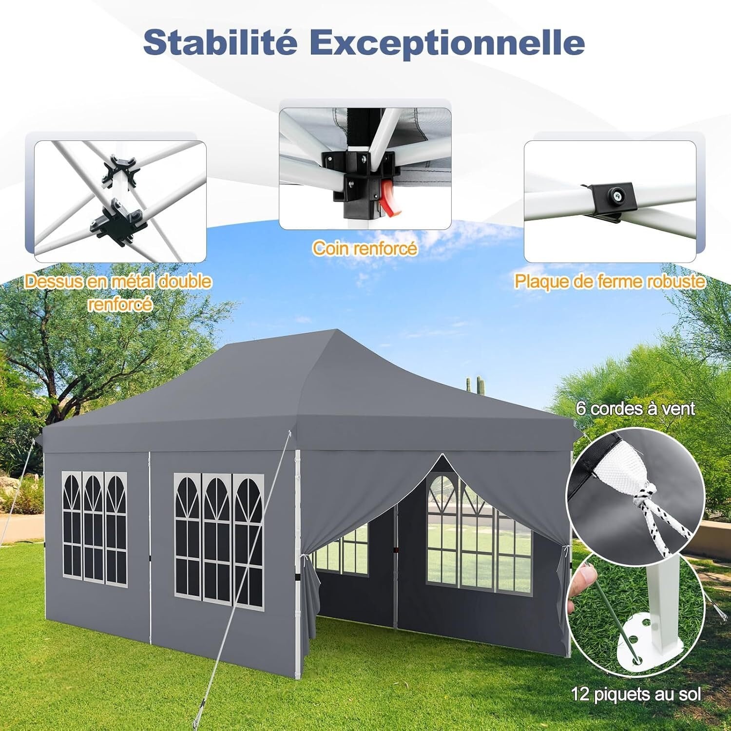 Cenador plegable 3x6 m con 6 paredes laterales, 6 sacos de arena, carpa para fiestas, estructura metálica ajustable, pabellón desplegable, bolsa de t - 5