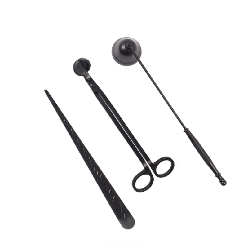 Set 3 Accessori Per Candele In Acciaio Inox Nero: Tagliastoppino, Spegnitoio E Mestolo