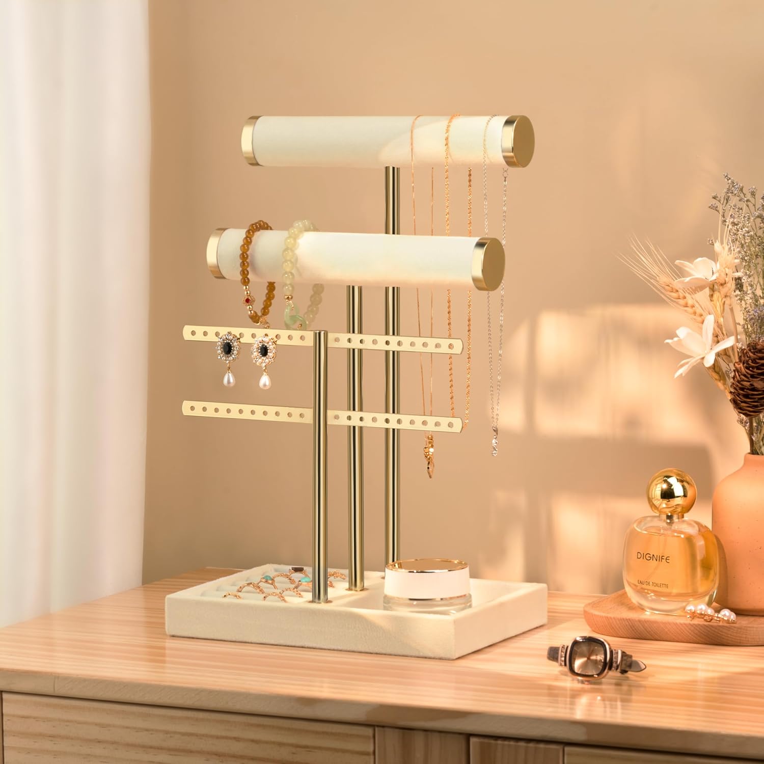 Organisateur de Bijoux à 3 Niveaux - Porte-Bijoux Beige - Support de Bijoux Amovible en T - Porte-Bracelets en Velours - 4