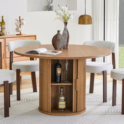 Tavolo Da Pranzo Rotondo 120 Cm In Legno E Metallo – Con Ripiano Portaoggetti Inferiore, Marrone E Bianco