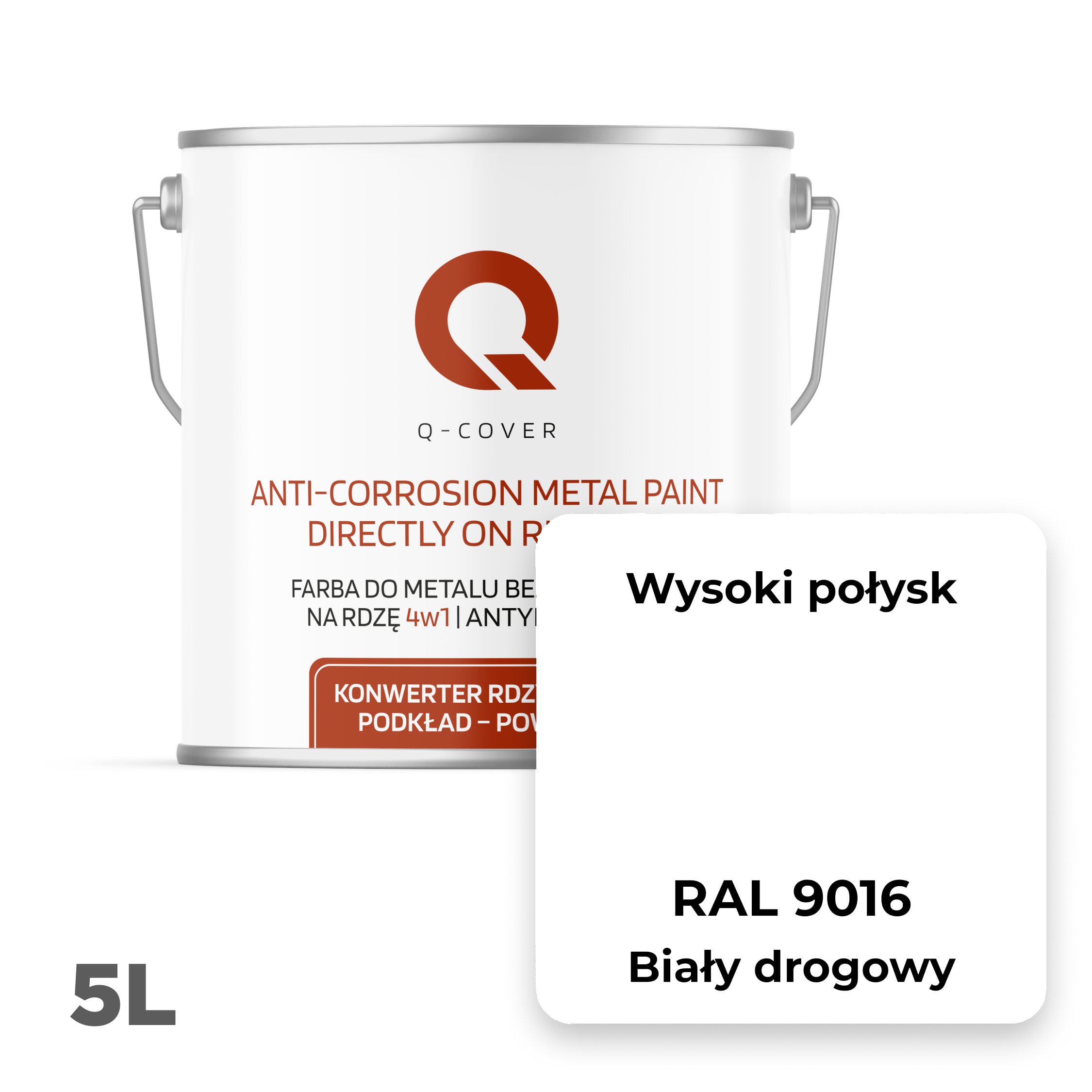 Farba do Metalu Prosto na Rdzę 4w1 Q-Cover Biały drogowy RAL9016 Wysoki Połysk 5L - 2