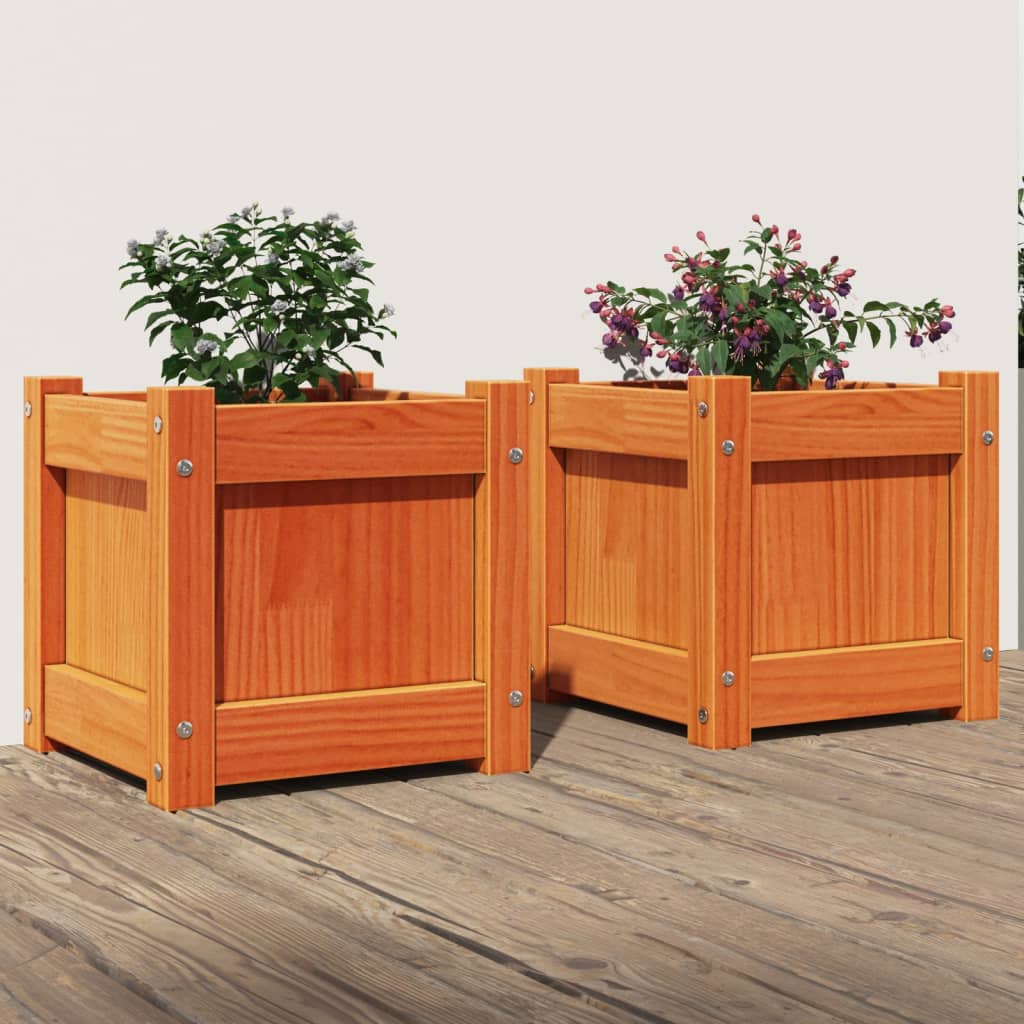 Lot de 2 Jardinières, Bac à fleurs, Pot de fleurs cire marron bois de pin massif n2385l - 2
