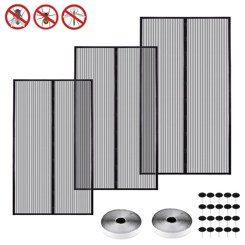Cortina magnética de malla para puerta mosquitera de 59.1 x 106.3 in, imán se cierra automáticamente y cinta mágica de marco completo, color negro