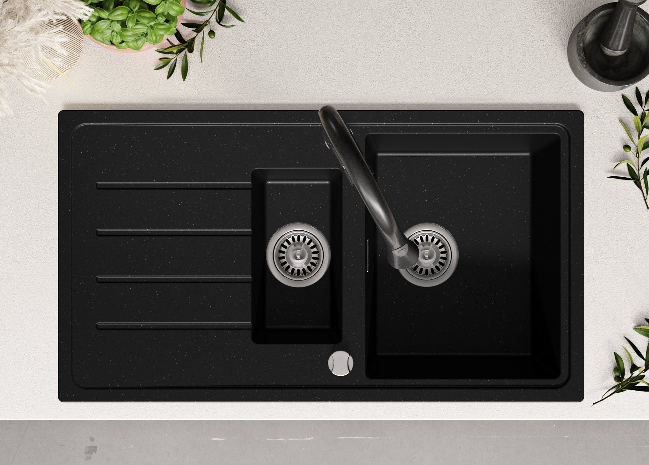 Evier Cuisine en Granit Noir Métallisé 90x50cm, Lavabo 1,5 bacs + Kit de Vidage, Évier à Encastrer au meuble 60cm - Copenhague Duo PRIMAGRAN - 4