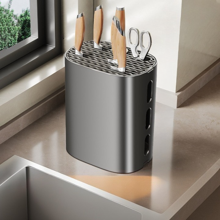 Stojak na noże kuchenne, uchwyt na noże, uchwyt do przechowywania przyborów kuchennych, z tacką ociekową, 22×17×12 cm – czarny