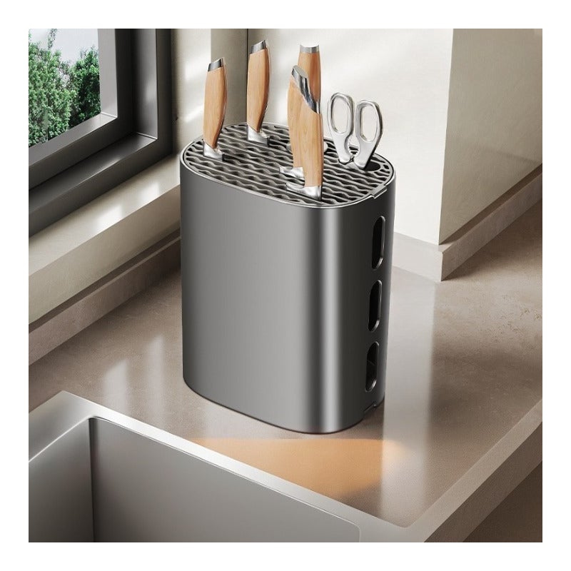 Stojak na noże kuchenne, uchwyt na noże, uchwyt do przechowywania przyborów kuchennych, z tacką ociekową, 22×17×12 cm – czarny