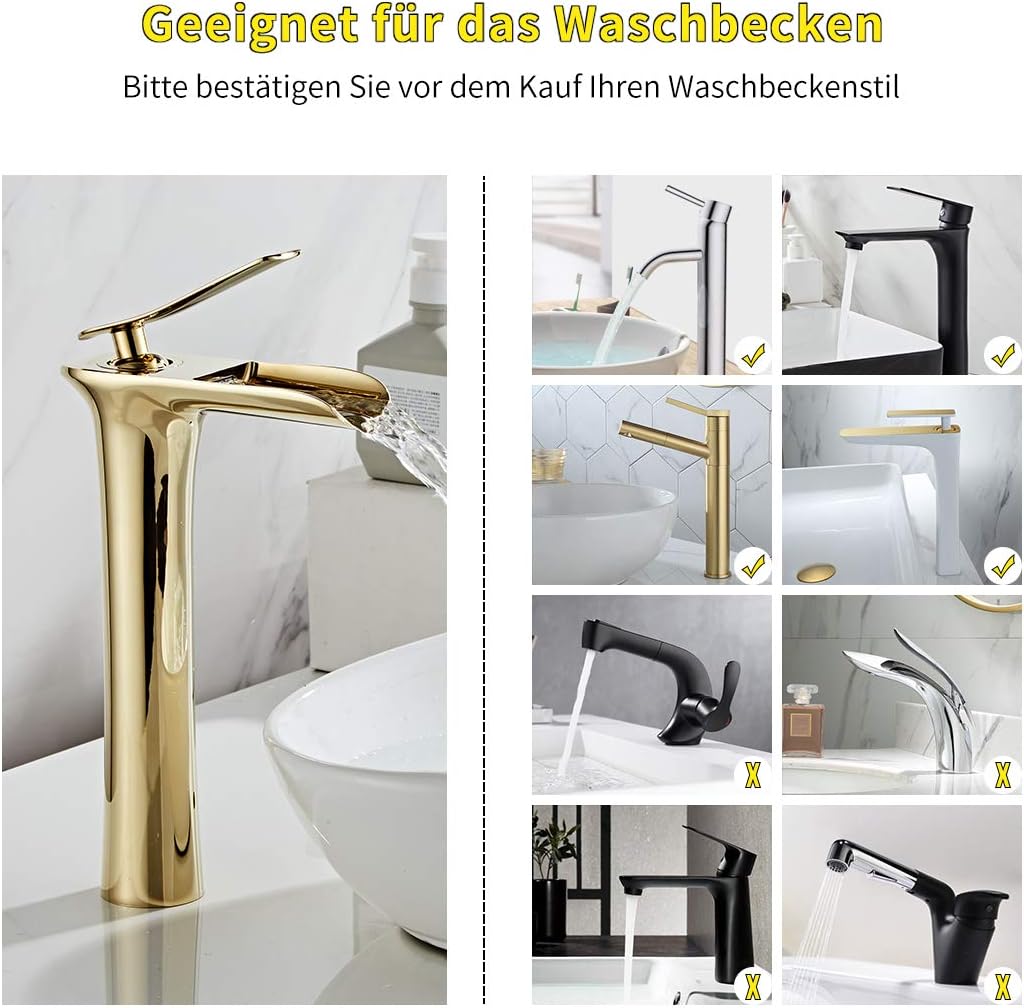 Grifo mezclador para lavabo, grifo de cascada alto para lavabo de baño, dorado - 8